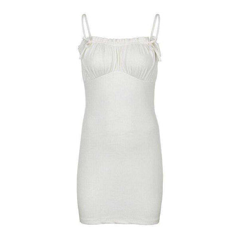 Image of Aesthetic White Mini Dress Spaghetti Strap Bow Ruched