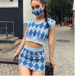 Aesthetics Tank Tops and Mini Skirt Suit Knitted E-girl Sleeveles