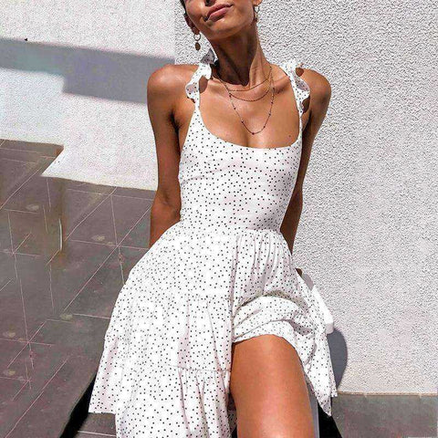 Image of Polka Dot White Women's Summer Sundress Ruffle Backless Party Dress