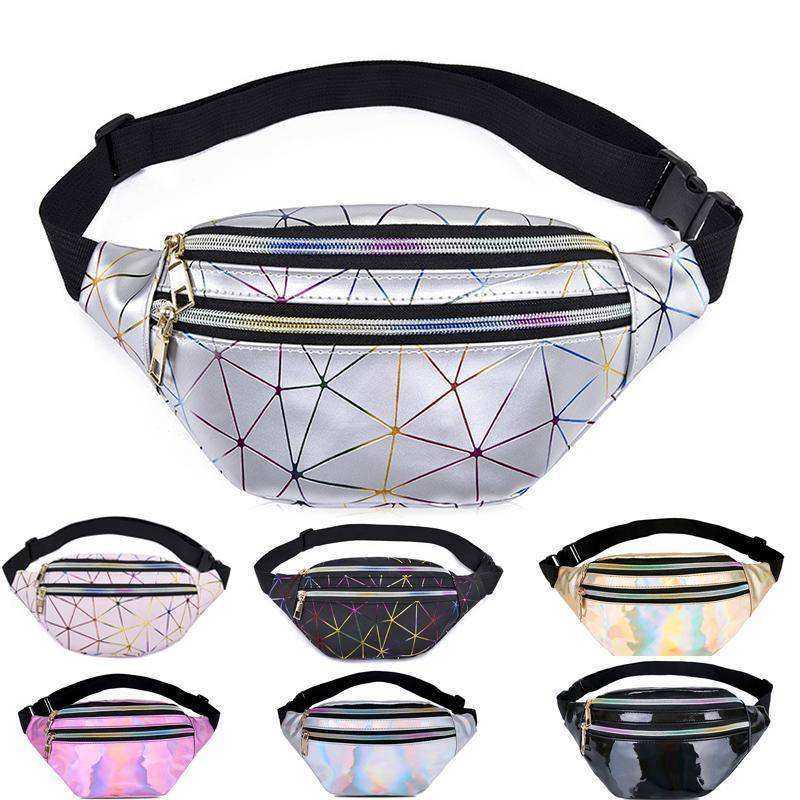 Holographic Waist Belt Bag Women Pink Silver Fanny Geometric Pack