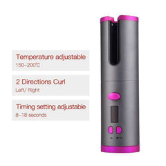 Black-Pink Cordless Auto Rotating Ceramic Hair Curler USB Rechargeable