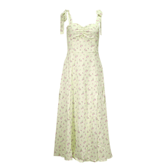 Yellow Print Summer Sleeveless Tie Up Bow Strap Elegant Midi Side Split Floral Dress