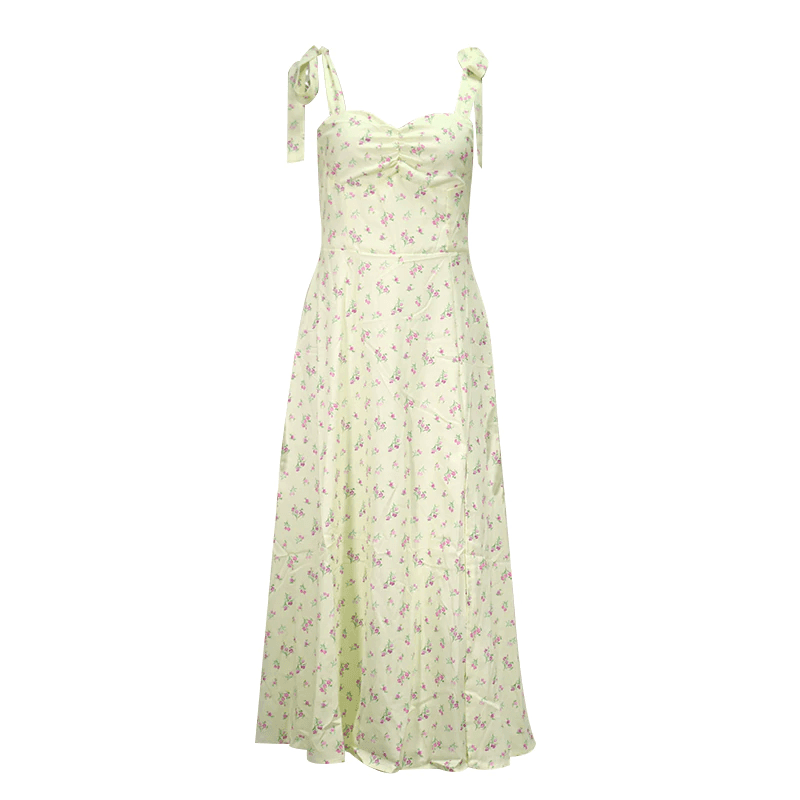 Yellow Print Summer Sleeveless Tie Up Bow Strap Elegant Midi Side Split Floral Dress