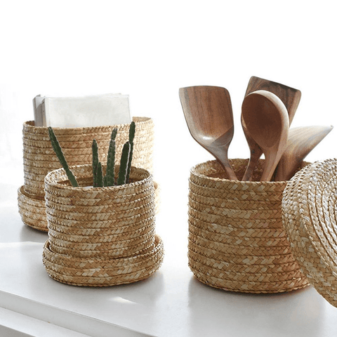 Image of 2 Pcs/Set Handmade Straw Woven Storage Basket