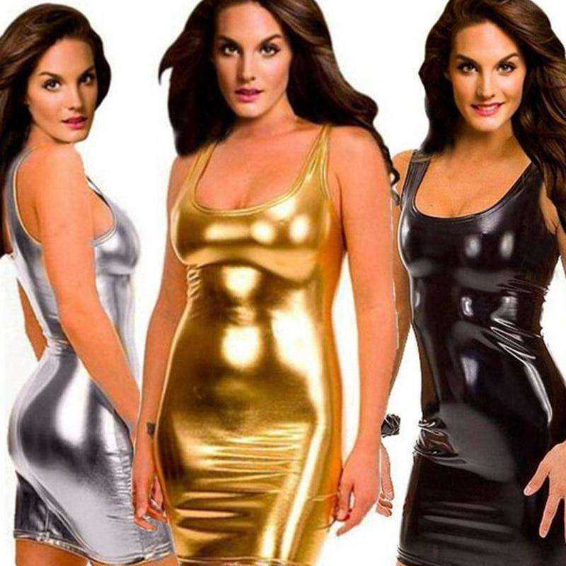 Womens Shining Wetlook Pu Faux Leather Lingerie Dress
