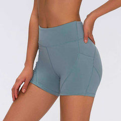 High Waisted Smooth Anti-sweat Plain Athletic Yoga Shorts with Two Side Pocket