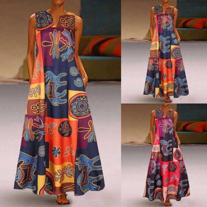 Casual Floral Printed Maxi Long Vintage Sleeveless Women Dress