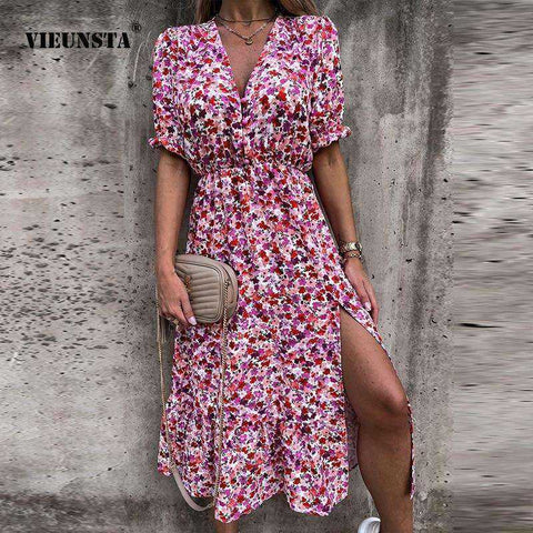 Image of Summer Sexy Fashion Slim Button V Neck Elegant Gorgeous Floral Print A-Line Short Sleeve Slit Long Dress