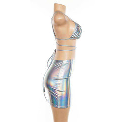Silver Glitter Lace-Up Camisole Skirts Set
