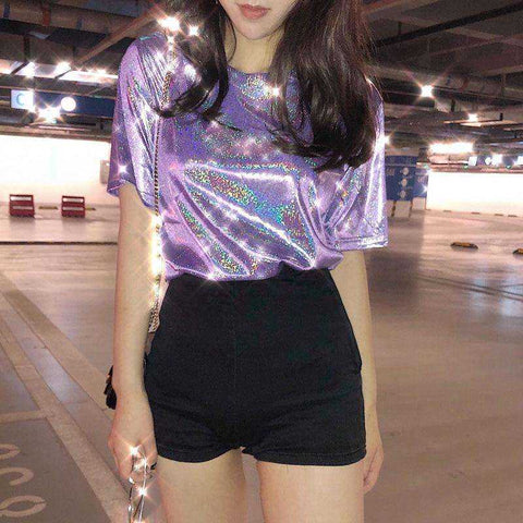 Image of Shiny Loose Stylish Bright Silk T-shirt