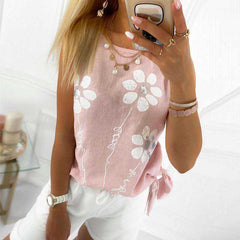 Casual Round Neck Floral Printed Beading Short Sleeve Shirt