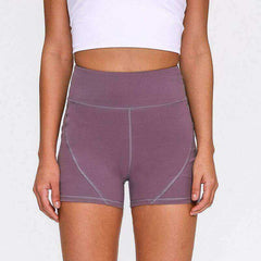 High Waisted Smooth Anti-sweat Plain Athletic Yoga Shorts with Two Side Pocket