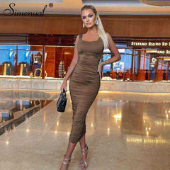 Women Fashion Ruched Sleeveless Skinny Hot Midi Dress