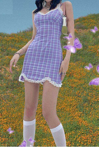 Image of Lace Purple Plaid Strap Soft Cotton Mini Bodycon Dress Women