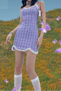 Lace Purple Plaid Strap Soft Cotton Mini Bodycon Dress Women