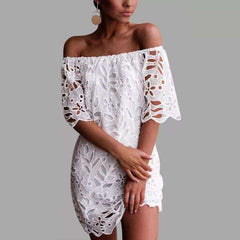 Women's Lace Crochet Boat Neck Off Shoulder Short Sleeve White Dress
