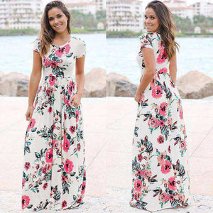Women's Long Short Sleeve Bohemian Floral Printed Maxi Long Dress