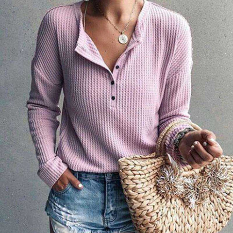 Image of Women Fashion V-neck Solid Color Knitted Long Sleeve T-shirt Fall Clothes