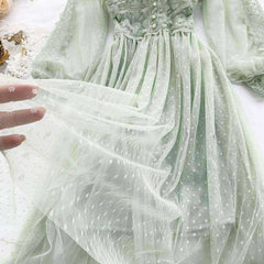 Sweet Tulle Long Sleeve V Neck Polka Dot Bohemian Slim Fairy Dress