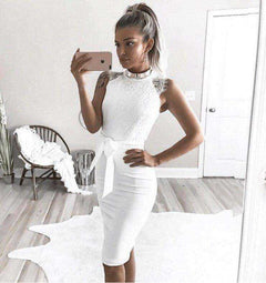 White Lace Slim Pencil O-Neck Women Midi Dress