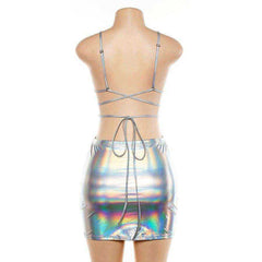Silver Glitter Lace-Up Camisole Skirts Set