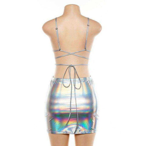 Image of Silver Glitter Lace-Up Camisole Skirts Set
