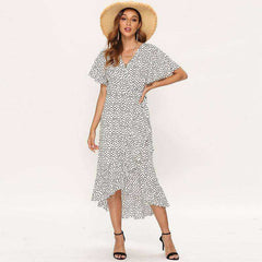 Summer Beach Maxi Floral Print Boho Long Ruffles Wrap Casual V-Neck Dress Women
