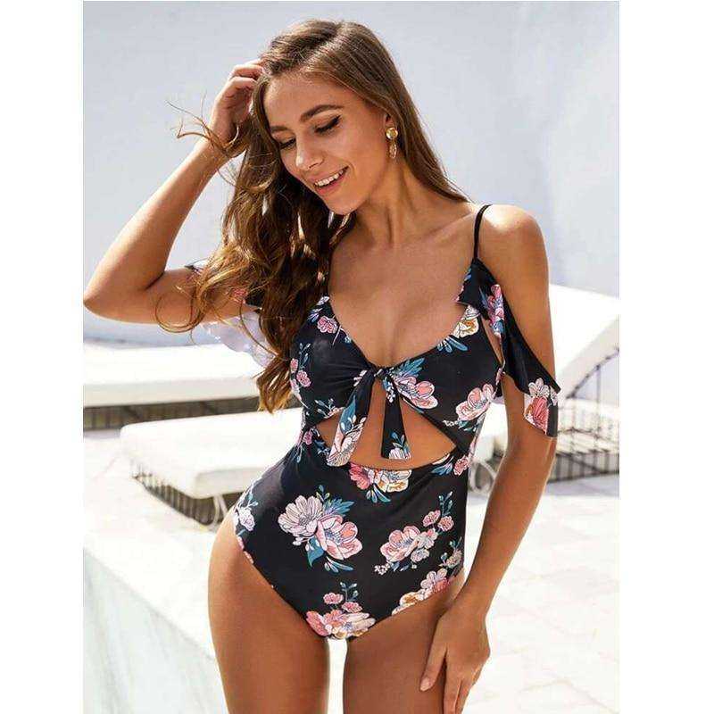 Sexy Black Floral Front Tie High Waist Off Shoulder Swimsuit Monokini One Piece
