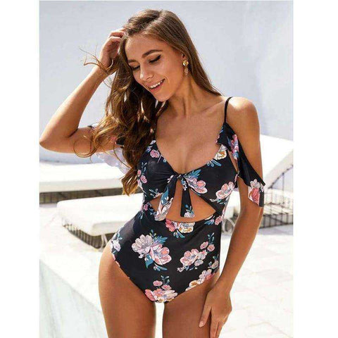 Image of Sexy Black Floral Front Tie High Waist Off Shoulder Swimsuit Monokini One Piece