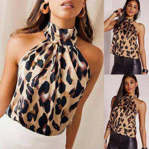 Women Sexy Leopard Print Shirts Halter Sleeveless Tops
