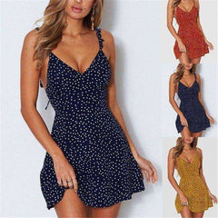 Summer Sexy Spaghetti Strap Dot Print Backless Above Knee Mini Ladies Dress