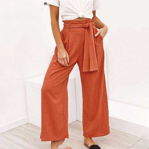 Image of Casual cotton Wide leg sashes loose female long pants