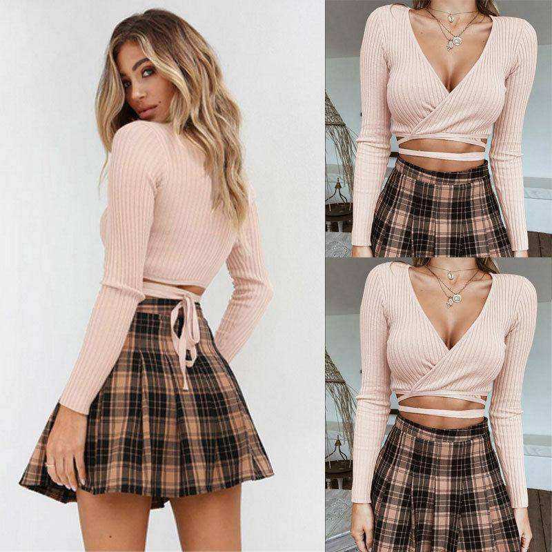 Summer Wear Long Sleeve T Shirt Cross V Neck Sexy Crop Top For Women