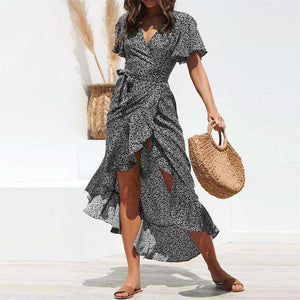 Summer Beach Maxi Floral Print Boho Long Ruffles Wrap Casual V-Neck Dress Women
