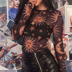 Women O-Neck Long Sleeve Sun Moon Printed Transparent Mesh Sexy T-Shirt