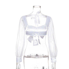 Mesh Long Sleeve Crop Top White Lace Up Backless