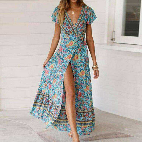 Image of V Neck Aesthetic Sundress Floral Print Boho Long Sleeve Dress Deep Split Maxi