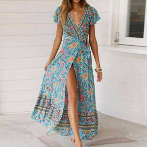 V Neck Aesthetic Sundress Floral Print Boho Long Sleeve Dress Deep Split Maxi