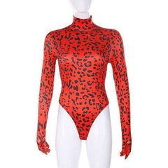 Red Leopard Print Turtleneck Bodysuit with Gloves Autumn Skinny Body Long Sleeve