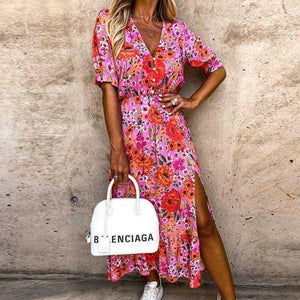 Summer Sexy Fashion Slim Button V Neck Elegant Gorgeous Floral Print A-Line Short Sleeve Slit Long Dress