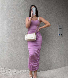 Women Fashion Ruched Sleeveless Skinny Hot Midi Dress