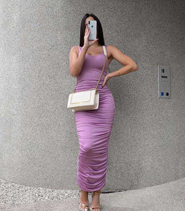 Women Fashion Ruched Sleeveless Skinny Hot Midi Dress
