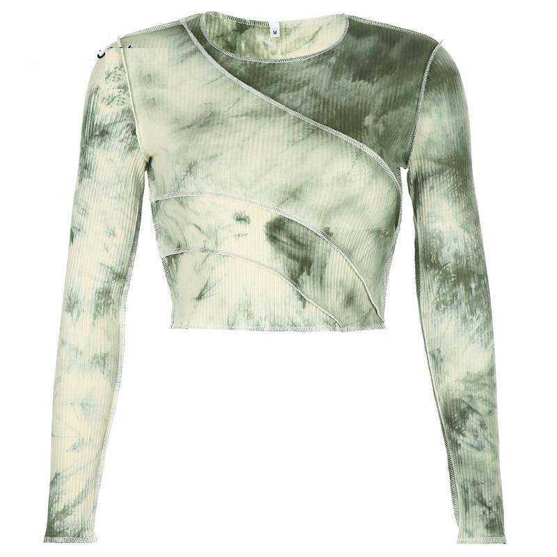 Rib Knitted Skinny Tie Dye Print Streetwear Ruffle Crop Top T-Shirt Women