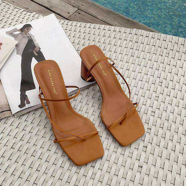 Wood Vintage Square Toe Narrow Band Women High Heel Sandals