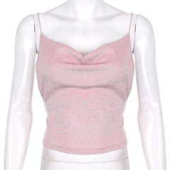 Tops Loose Spaghetti Straps Glitter backless female T-shirt