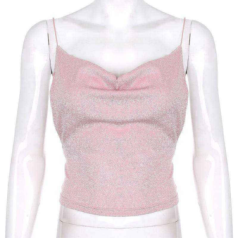 Tops Loose Spaghetti Straps Glitter backless female T-shirt