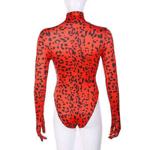 Red Leopard Print Turtleneck Bodysuit with Gloves Autumn Skinny Body Long Sleeve