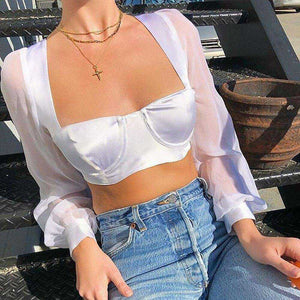 Mesh Long Sleeve Crop Top White Lace Up Backless