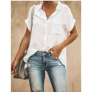 Summer Turn-Down Collar Short Sleeve Loose White Blouse