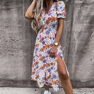 Summer Sexy Fashion Slim Button V Neck Elegant Gorgeous Floral Print A-Line Short Sleeve Slit Long Dress